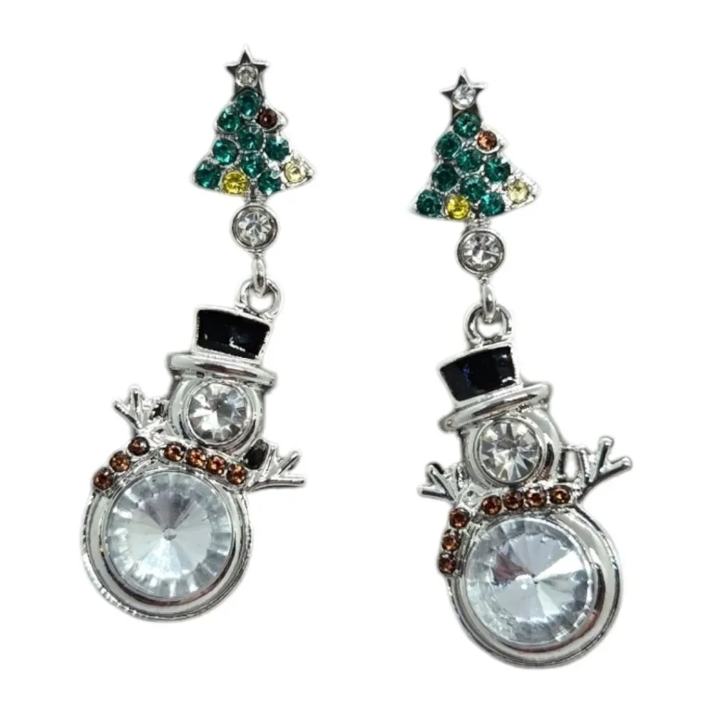 Snowman ☃️ Rhinestone Christmas Tree Earrings Dangle Drop Pierced Ears Jewelry
